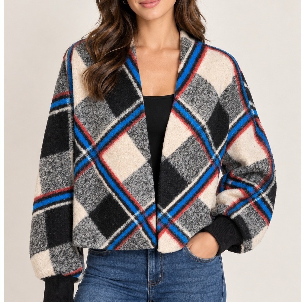 Cartonnier Anthropologie Plaid Wool Blend Cropped Batwing Jacket XS/S Black Blue